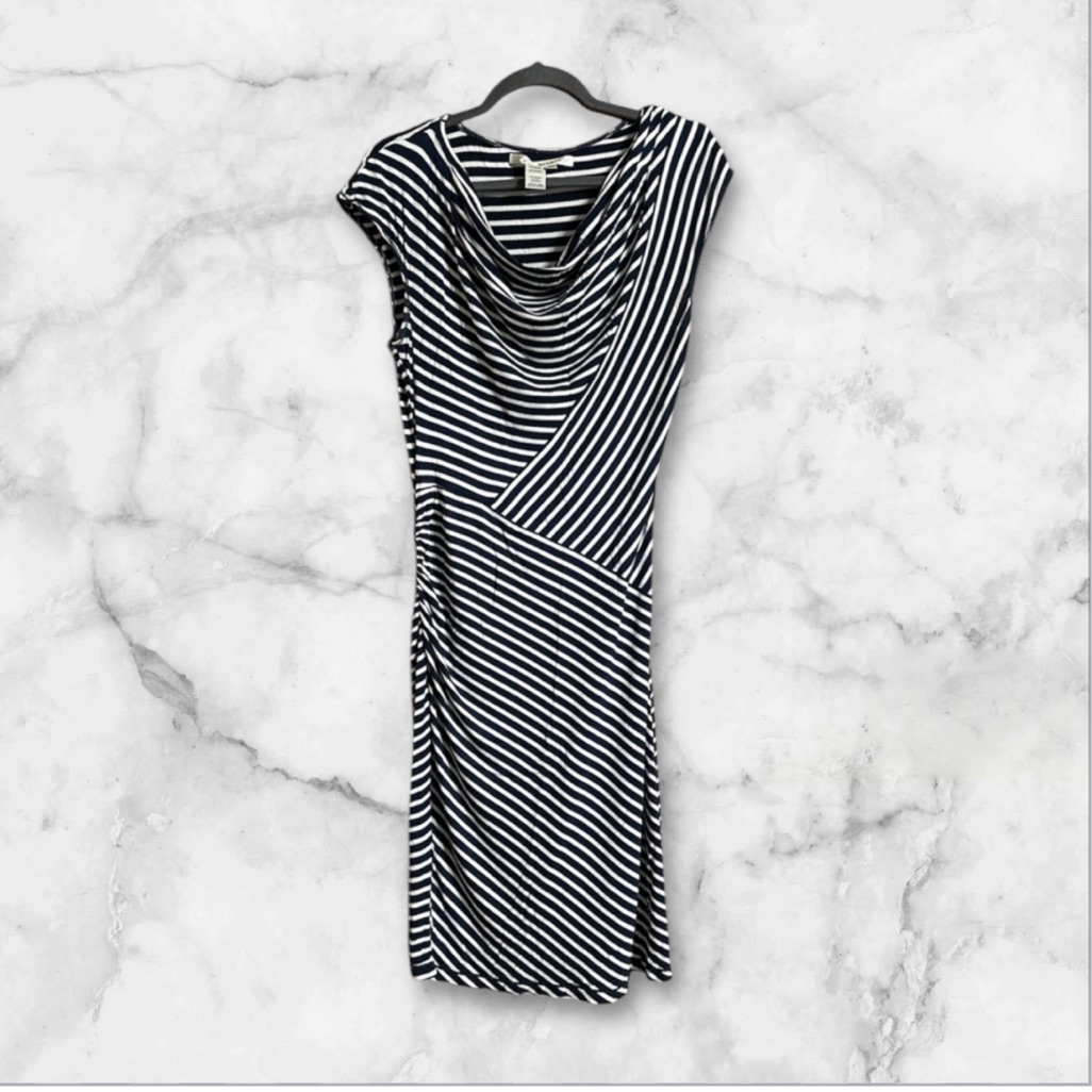 Max Studio Navy Blue And White Striped Cap Sleeve Jersey Knit Dress Size Large
